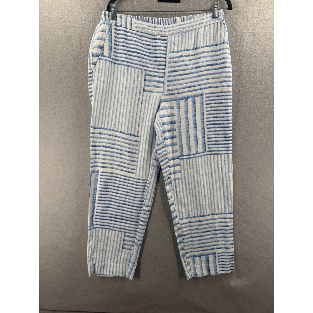 Chico's Pants Womens 1 M/8 Blue White 100% Linen Coastal Minimalist Resort Artsy